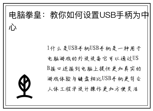 电脑拳皇：教你如何设置USB手柄为中心