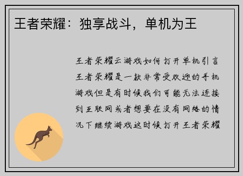 王者荣耀：独享战斗，单机为王
